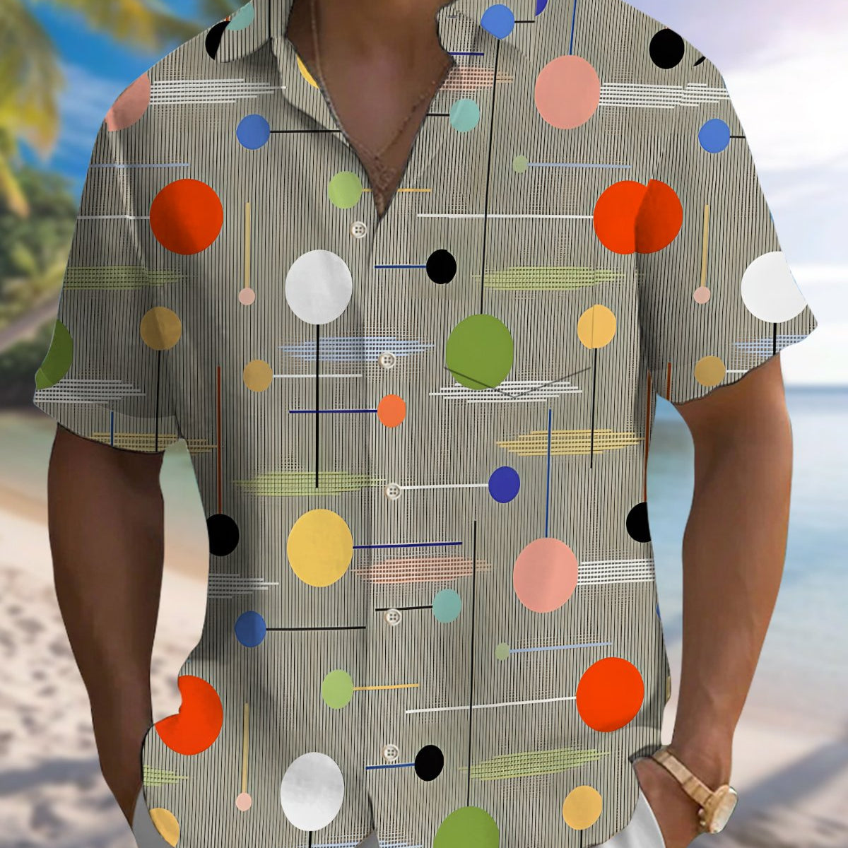 Alohadaddy® Vintage Geometric Print Art Button Pocket Cardigan Men's Short Sleeve Shirt