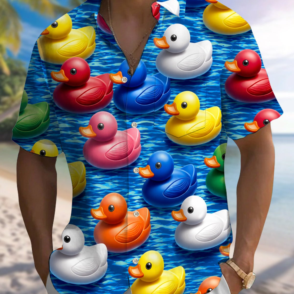 Alohadaddy® Hawaiian Duck Print Art Men's Short-Sleeve Shirt Button-Down Cardigan Style with Pocket