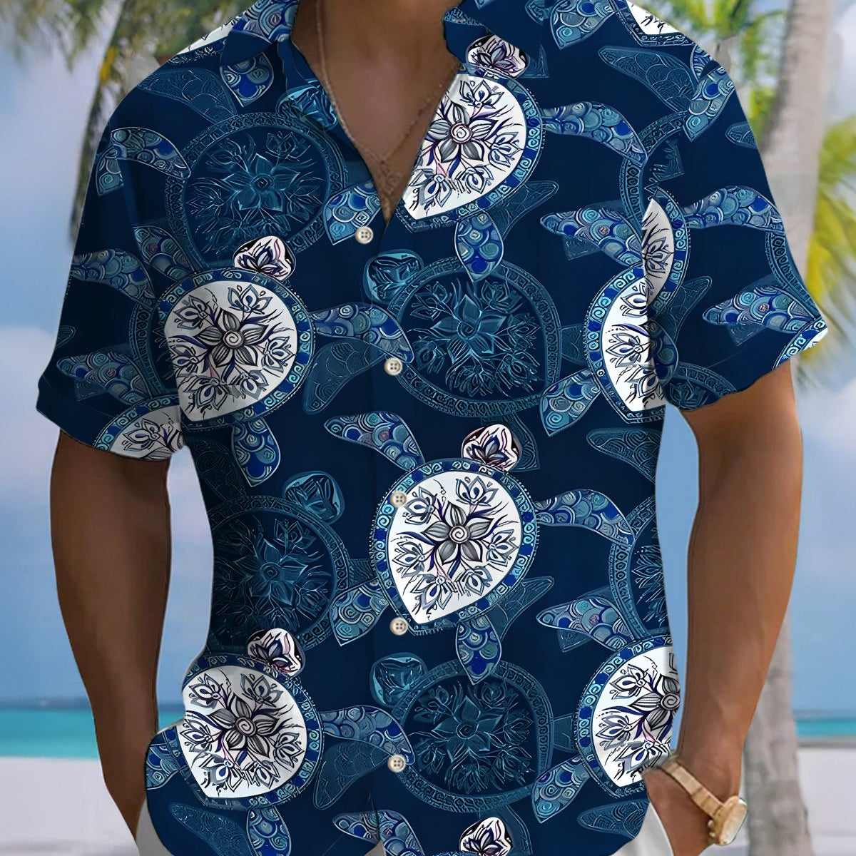 Alohadaddy® Men's Short-Sleeve Button-Down Shirt with Hawaiian Sea Turtle Print and Chest Pocket