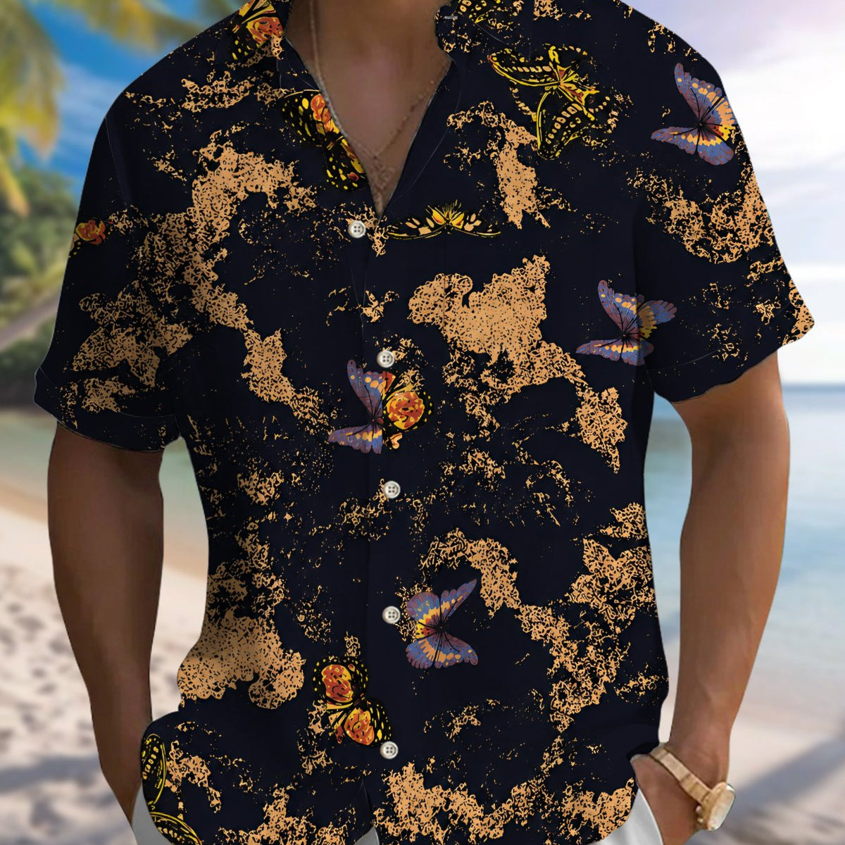 Alohadaddy® Men's Short-Sleeve Button-Down Shirt with Vintage Butterfly Art Print and Pocket