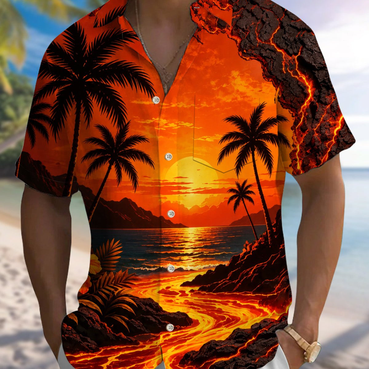 Alohadaddy® Men's Short-Sleeve Button-Down Shirt with Palm Tree Print and Chest Pocket