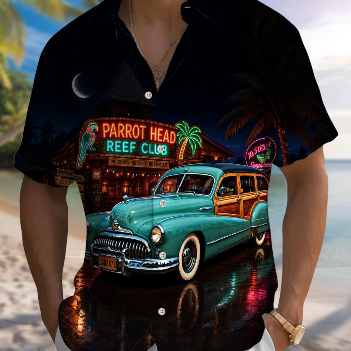 Alohadaddy® Men's Short-Sleeve Button-Down Shirt Casual Style with Car Print Art and Pocket
