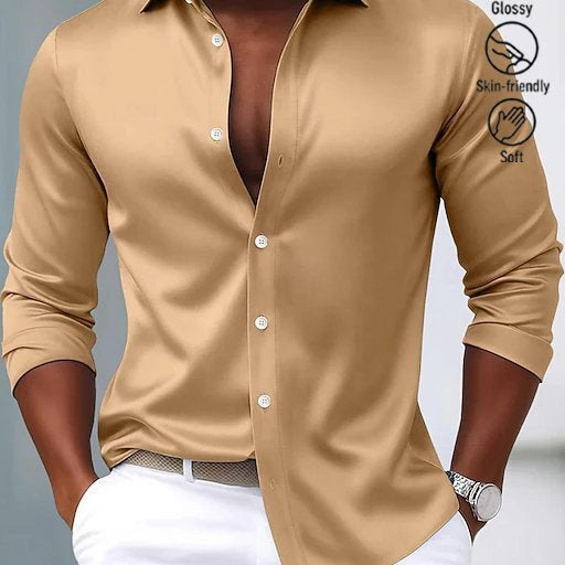 Alohadaddy® Basic Satin Satin Silk Printed Men's Button Pocket Satin Long-Sleeve Dress Shirt Big & Tall