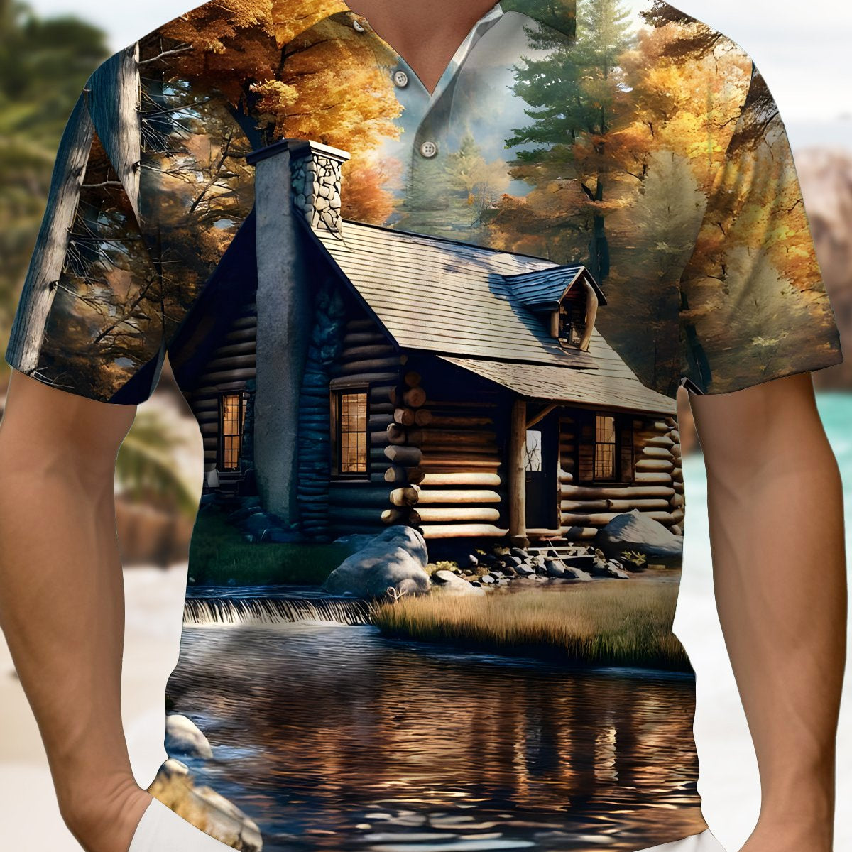 Alohadaddy® Men's Short-Sleeve Retro Wooden House Polo Shirt