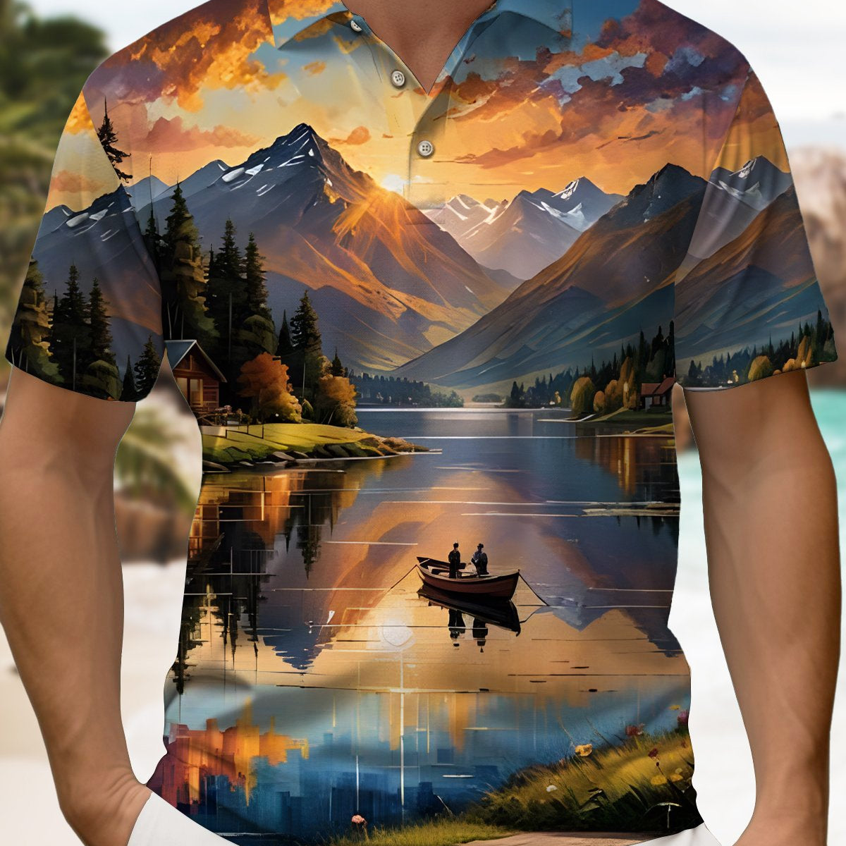 Alohadaddy® Vintage Lake Boat Landscape Men's Polo Shirt