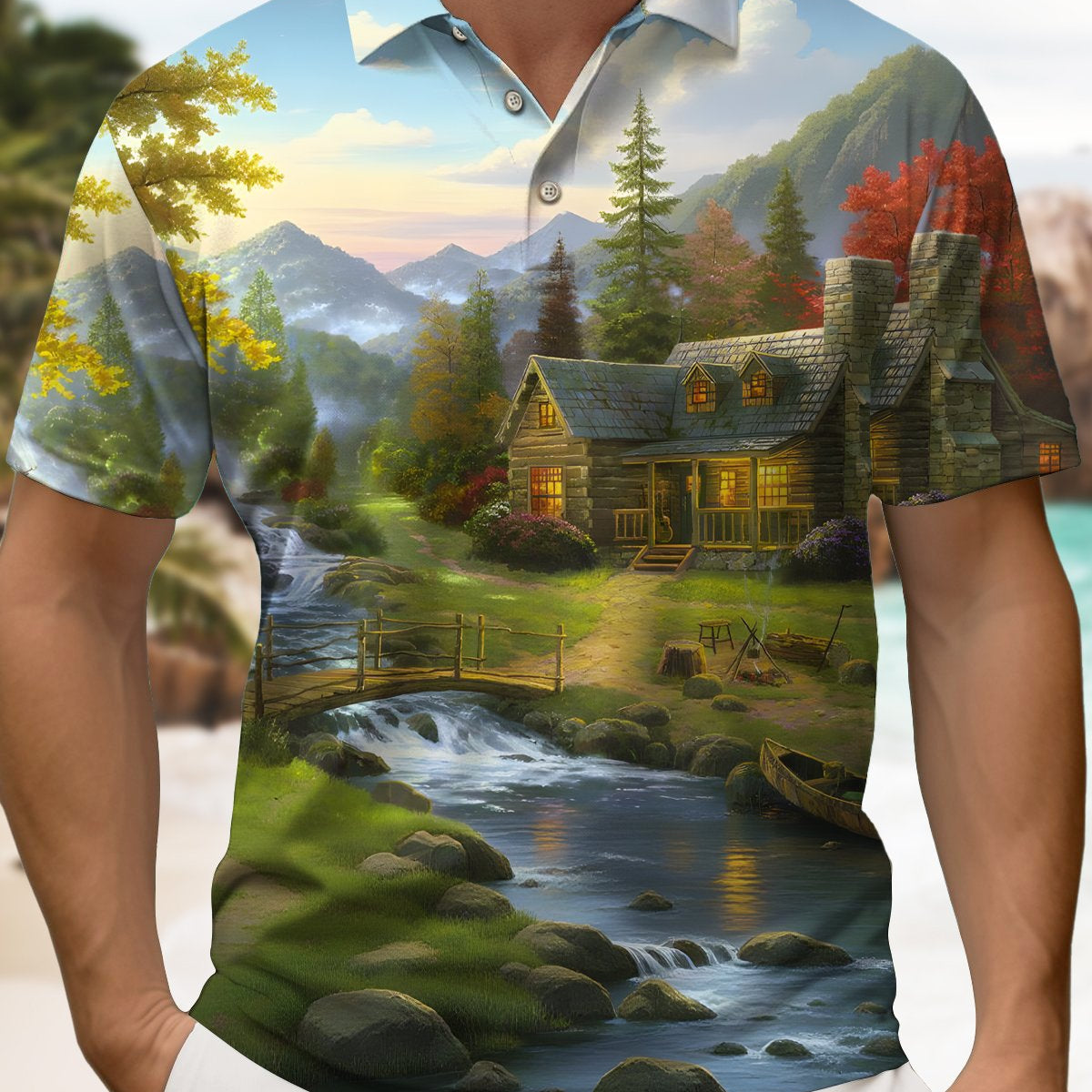 Alohadaddy® Retro Landscape River Cabin Grass Men's Polo Shirt