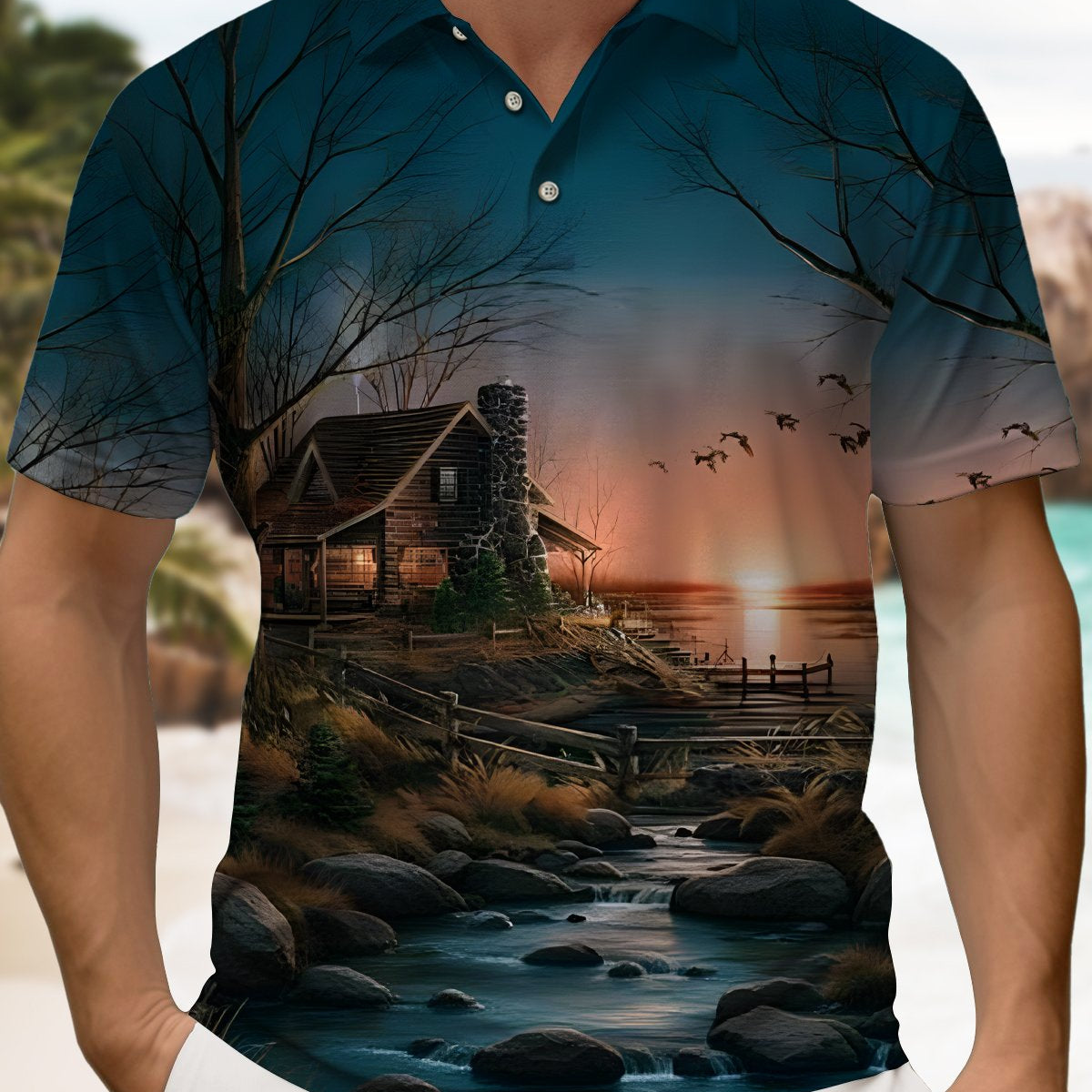 Alohadaddy® Retro Landscape River Cabin Grass Men's Polo Shirt