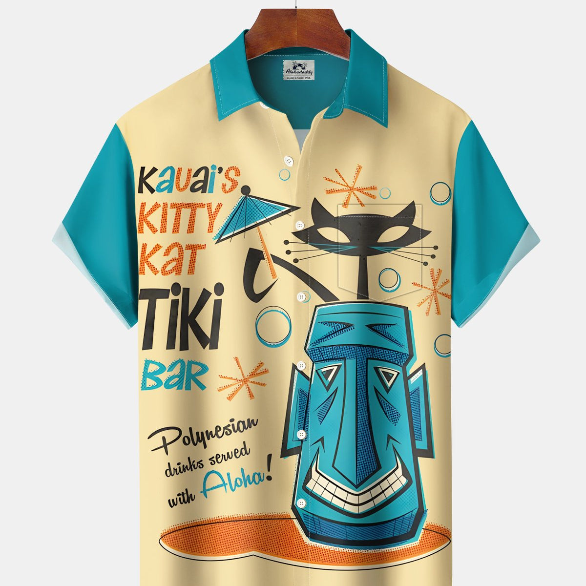 Alohadaddy® Retro Atomic Geometric Cat Tiki Hawaiian Cocktail Shirt