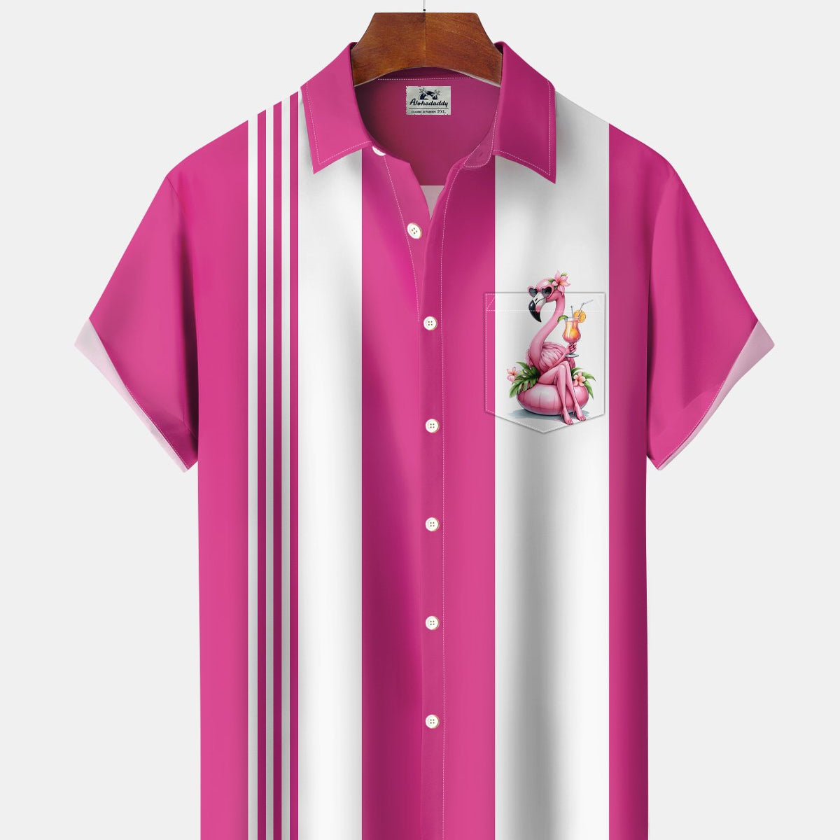Alohadaddy® Hawaiian Flamingo Retro Cocktail Men's Bowling Shirt