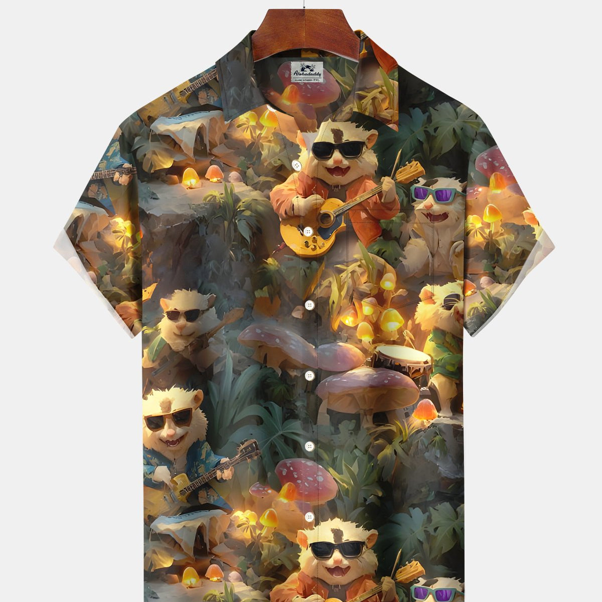 Alohadaddy® Vintage Art Guitar Raccoon Music Hawaiian Floral Men's Shirt