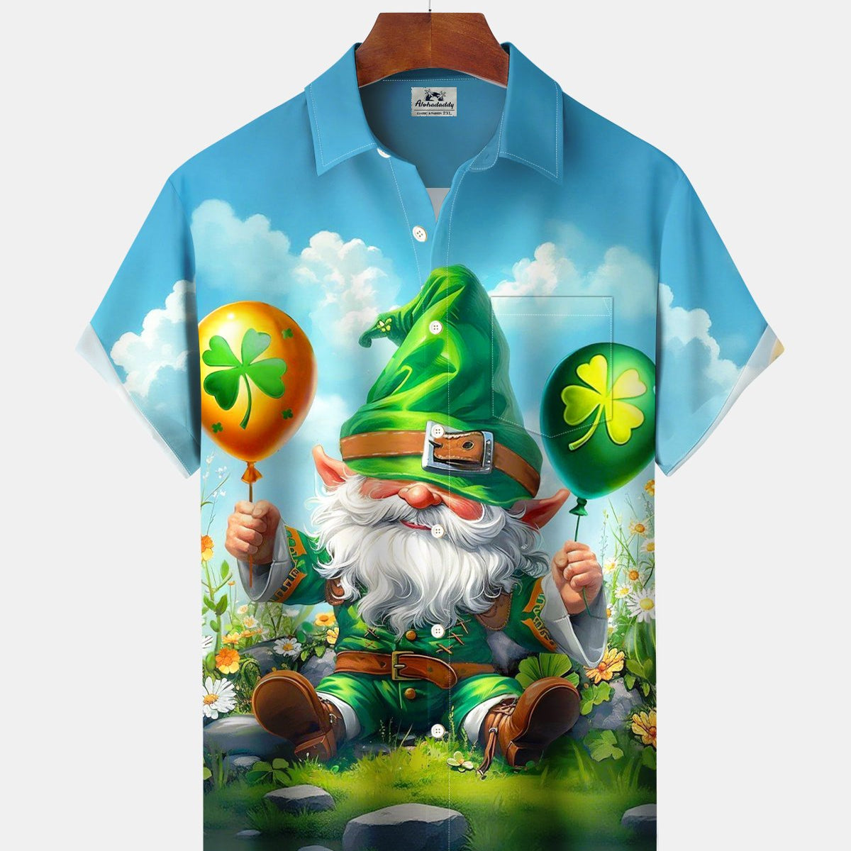 Alohadaddy® St. Patrick's Day Cartoon Gnome Elf Four-Leaf Clover Balloon Hawaiian Shirt
