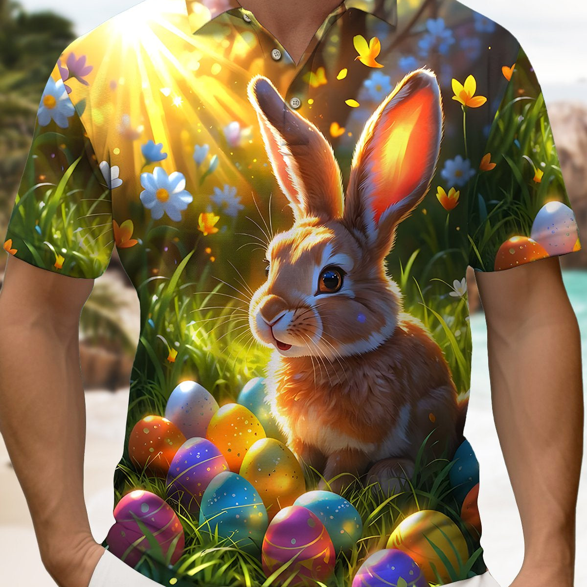 Alohadaddy® Easter Holiday Bunny and Easter Egg Short-Sleeve Polo Shirt