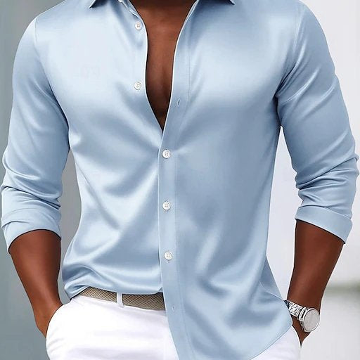 Alohadaddy® Basic Satin Satin Silk Printed Men's Button Pocket Satin Long-Sleeve Dress Shirt Big & Tall