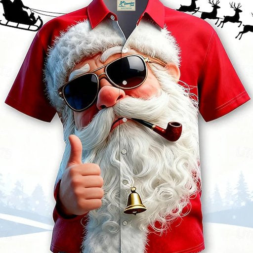 Alohadaddy® Christmas Santa Claus Print Men's Button Pocket Short Sleeve Shirt Big & Tall