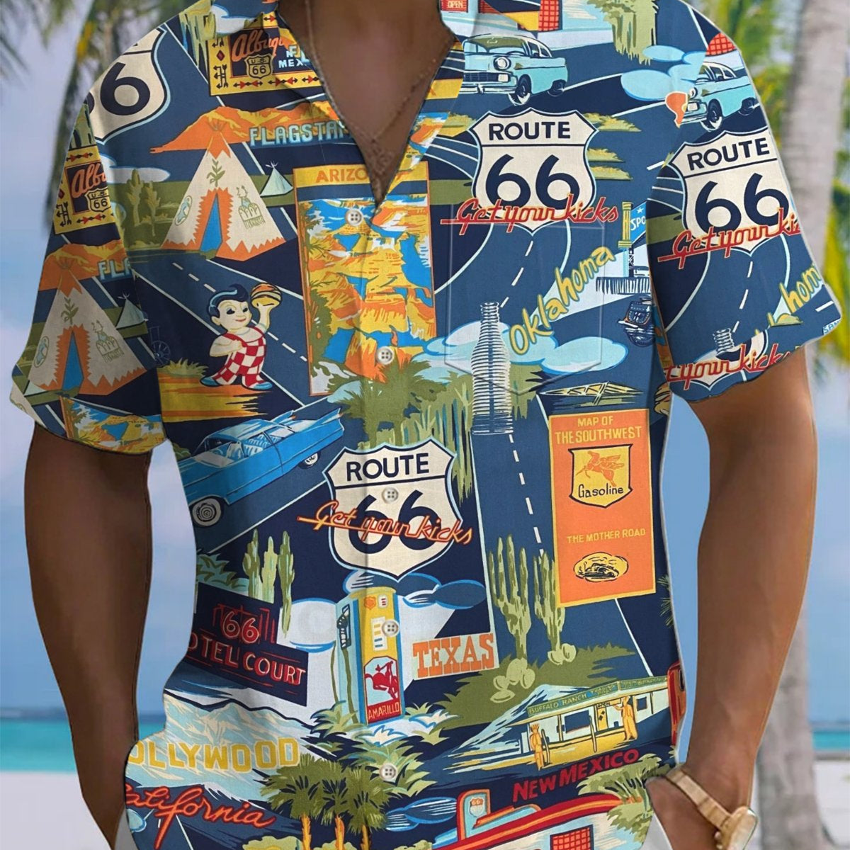 Alohadaddy® Vintage Car Route 66 Print Art Chest Pocket Men's Short Sleeve Shirt Big & Tall