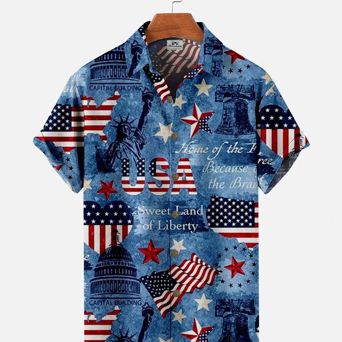 Alohadaddy® Vintage Flag Print Art Button Pocket Cardigan Men's Short Sleeve Shirt