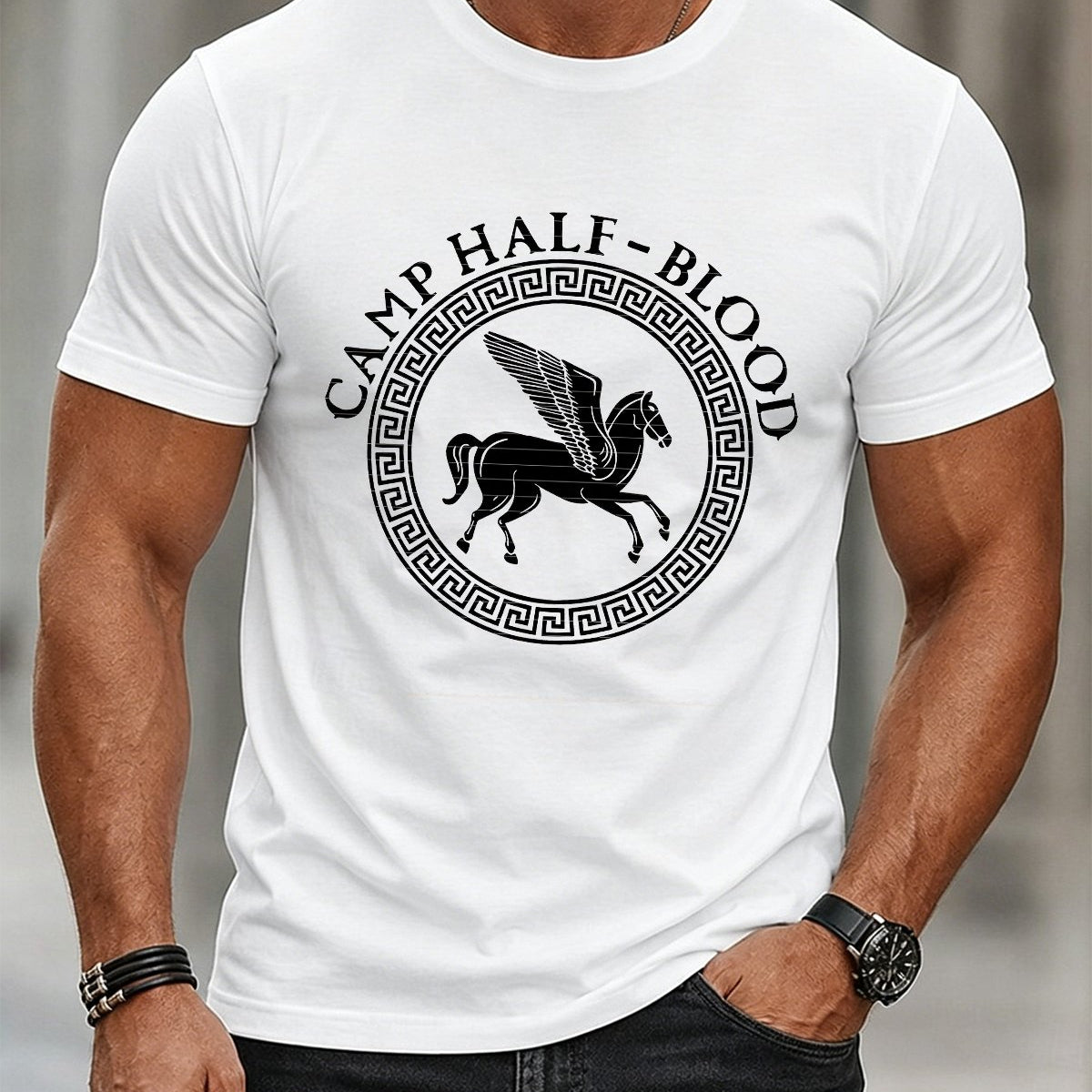 Alohadaddy® Casual Short-Sleeve Crew-Neck T-Shirt with Horse and Letter Print