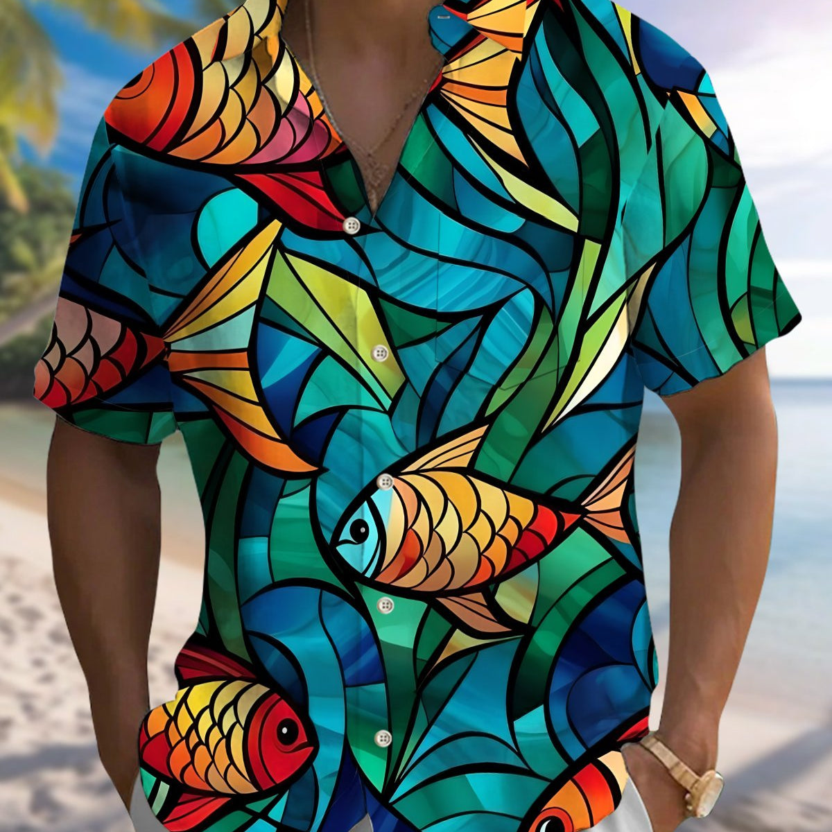 Alohadaddy® Men's Short-Sleeve Casual Button-Down Shirt with Fish Print Pocket and Cardigan-Style Front