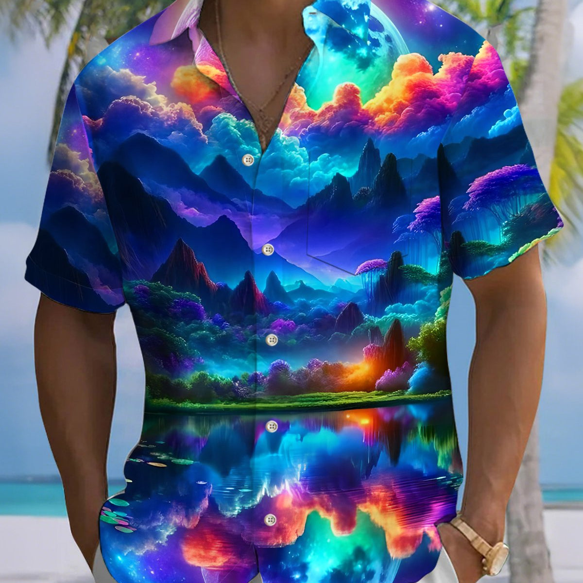 Alohadaddy® Men's Short-Sleeve Button-Down Shirt Landscape Reflection Art Print with Pockets