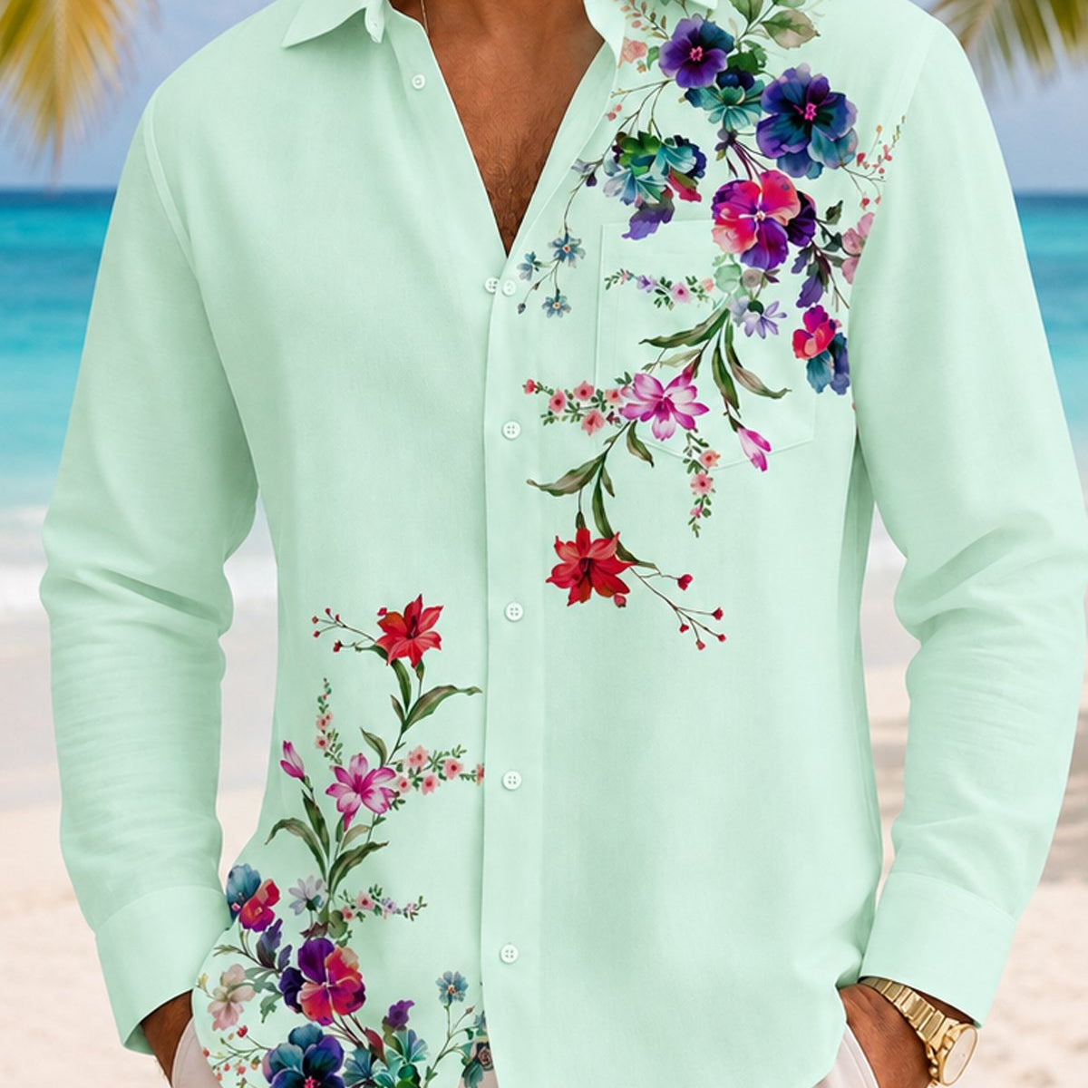 Alohadaddy® Men's Short-Sleeve Button-Down Shirt with Pocket Floral Print