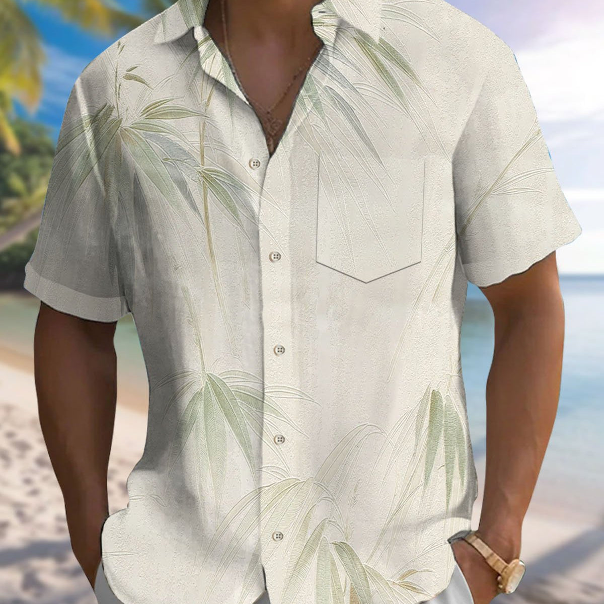 Alohadaddy® Hawaiian Bamboo Print Art Pocket Button Men's Short Sleeve Shirt Big & Tall