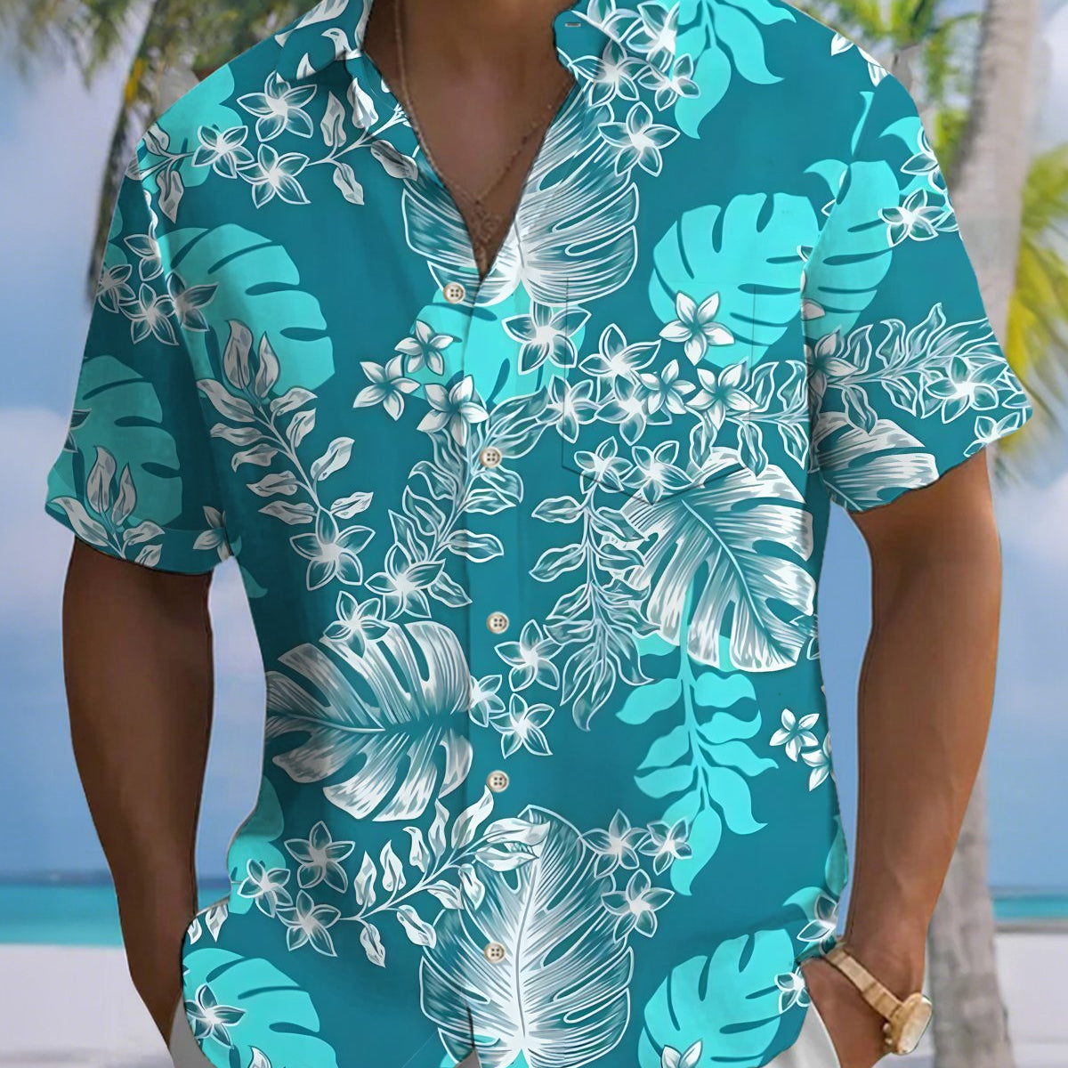 Alohadaddy® Men's Short-Sleeve Cardigan Shirt with Palm Leaf Print and Chest Pocket