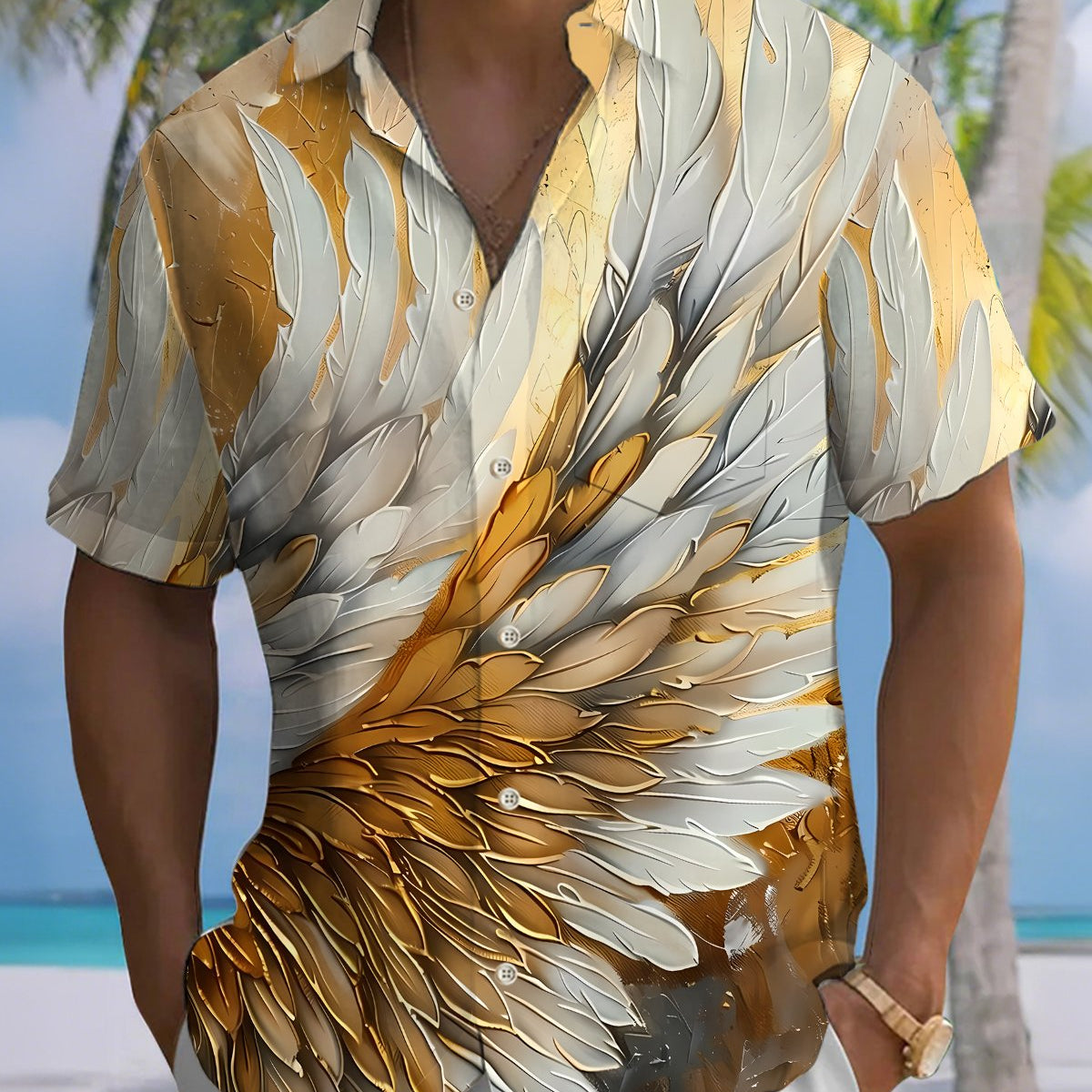 Alohadaddy® Men's Short-Sleeve Button-Down Shirt Vintage Feather Print with Pocket