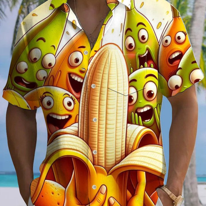 Alohadaddy® Casual Cartoon Fun Print Art Chest Pocket Men's Short Sleeve Shirt Big & Tall