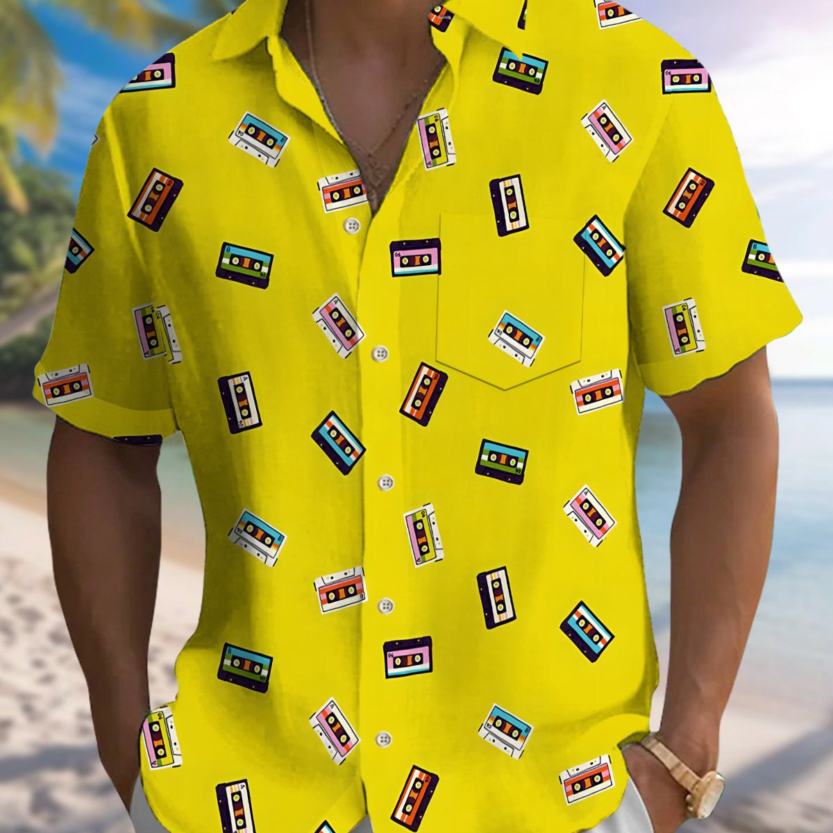 Alohadaddy® Men's Short-Sleeve Cardigan Shirt Casual Style with Music-Themed Graphic Art and Pocket Detail