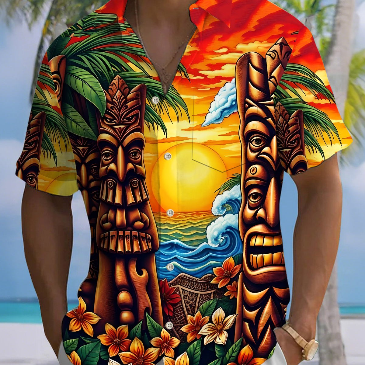 Alohadaddy® Men's Short-Sleeve Button-Down Shirt with Island-Inspired Art Print and Chest Pocket