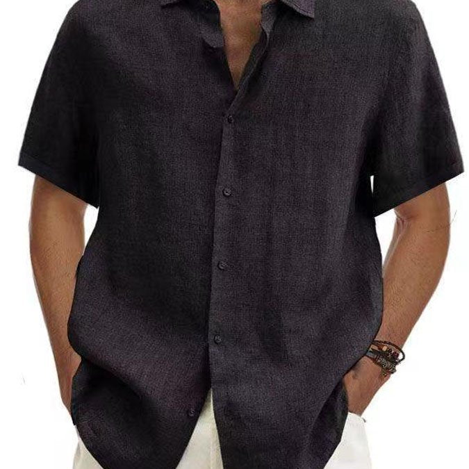 Camisa de manga corta con botones de lino y algodón de color liso para hombre