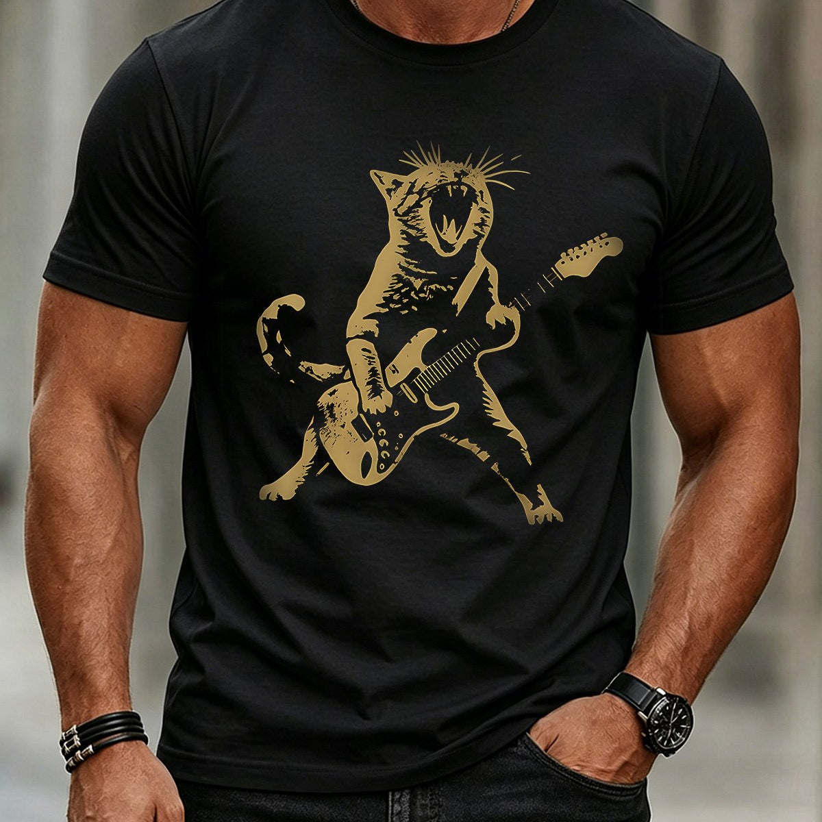 Alohadaddy® Casual Music Cat Print Short-Sleeve T-Shirt