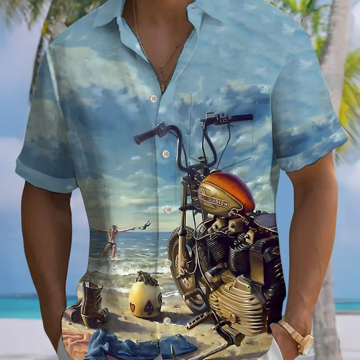 Alohadaddy® Vintage Motorbike Girl Motorcycle Print Art Pocket Button Men's Short Sleeve Shirt Big & Tall