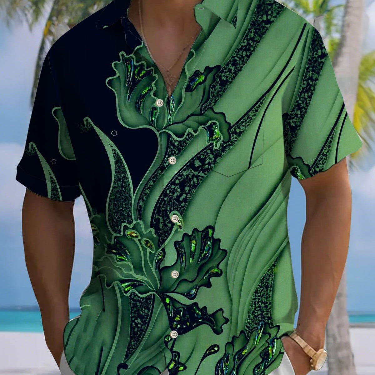 Alohadaddy® Casual Gradient Abstract Print Art Cardigan with Pockets and Buttons for Men - Short Sleeve ShirtBig & Tall