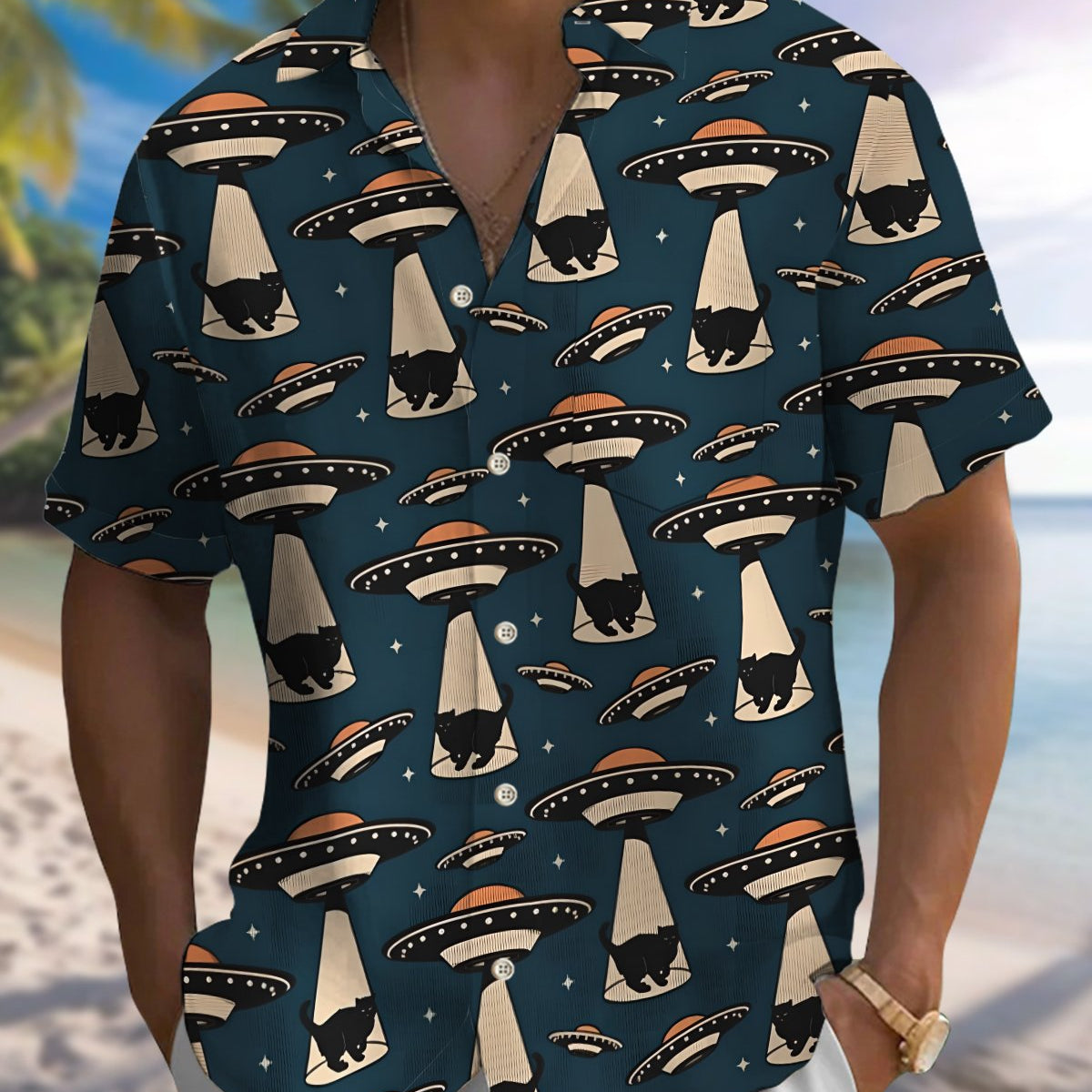 Alohadaddy® Men's Short-Sleeve Button-Down Shirt Vintage Cat Print with Pocket