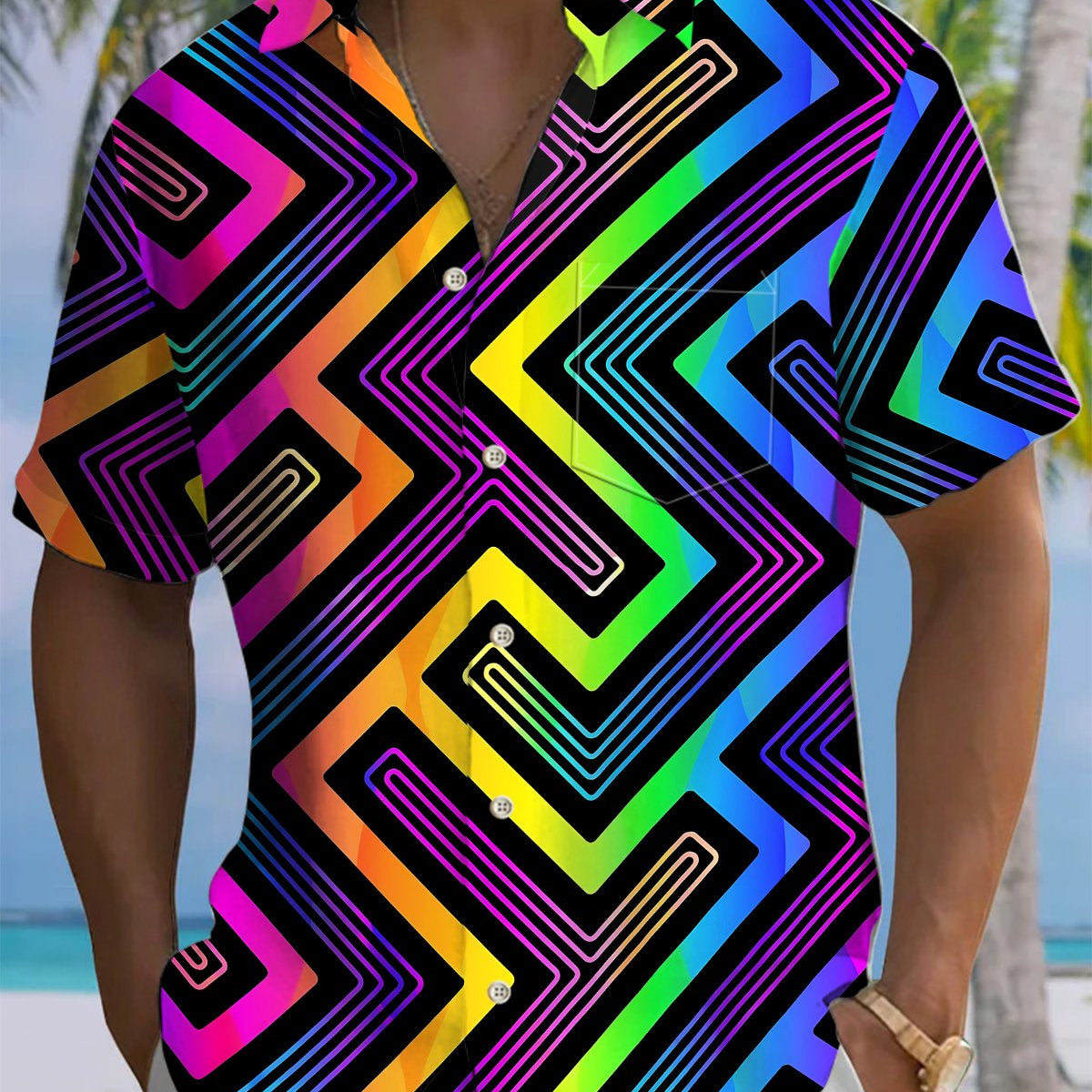 Alohadaddy® Casual Geometric Art Print Chest Pocket Men's Stretch Short Sleeve Shirt Big & Tall