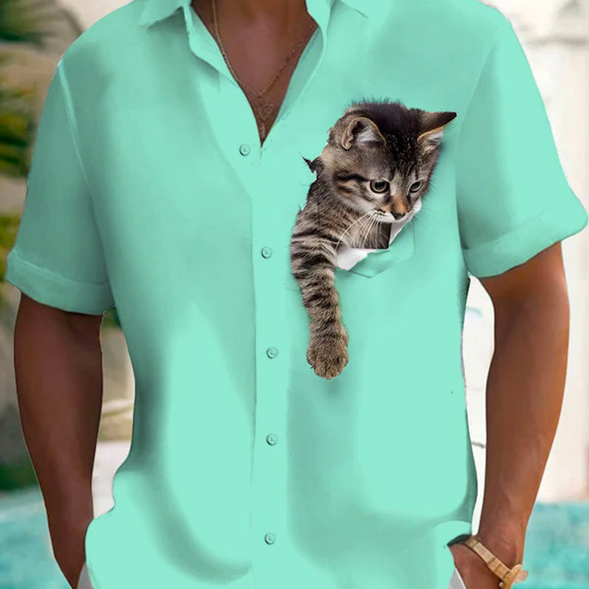 Alohadaddy® Retro Funny Cartoon Cat Print Men's Button Pocket Short Sleeve Shirt Big & Tall
