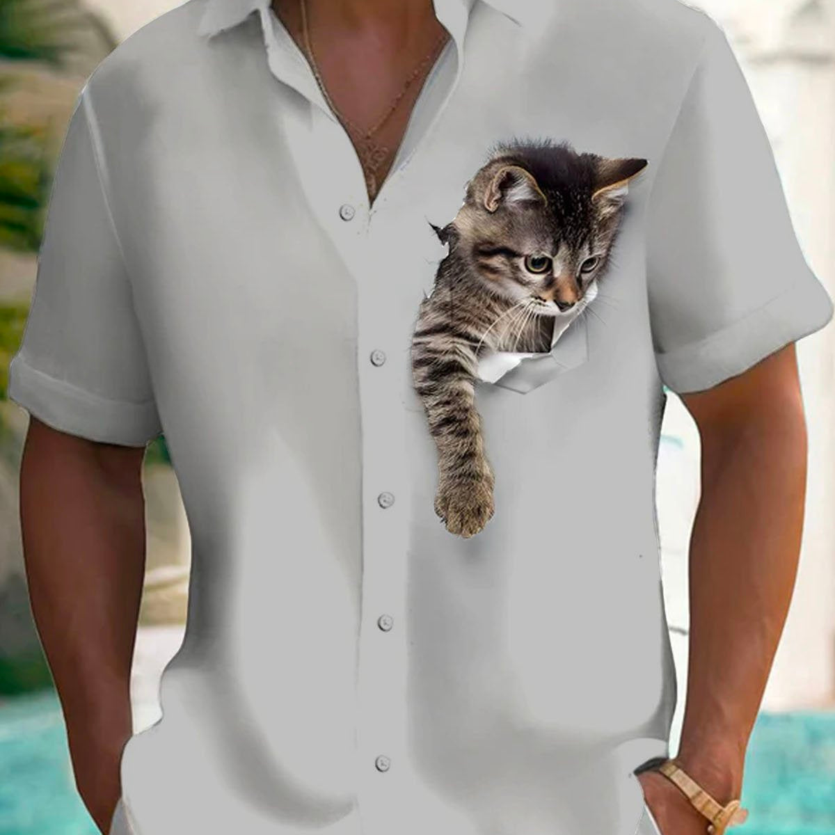 Alohadaddy® Retro Funny Cartoon Cat Print Men's Button Pocket Short Sleeve Shirt Big & Tall