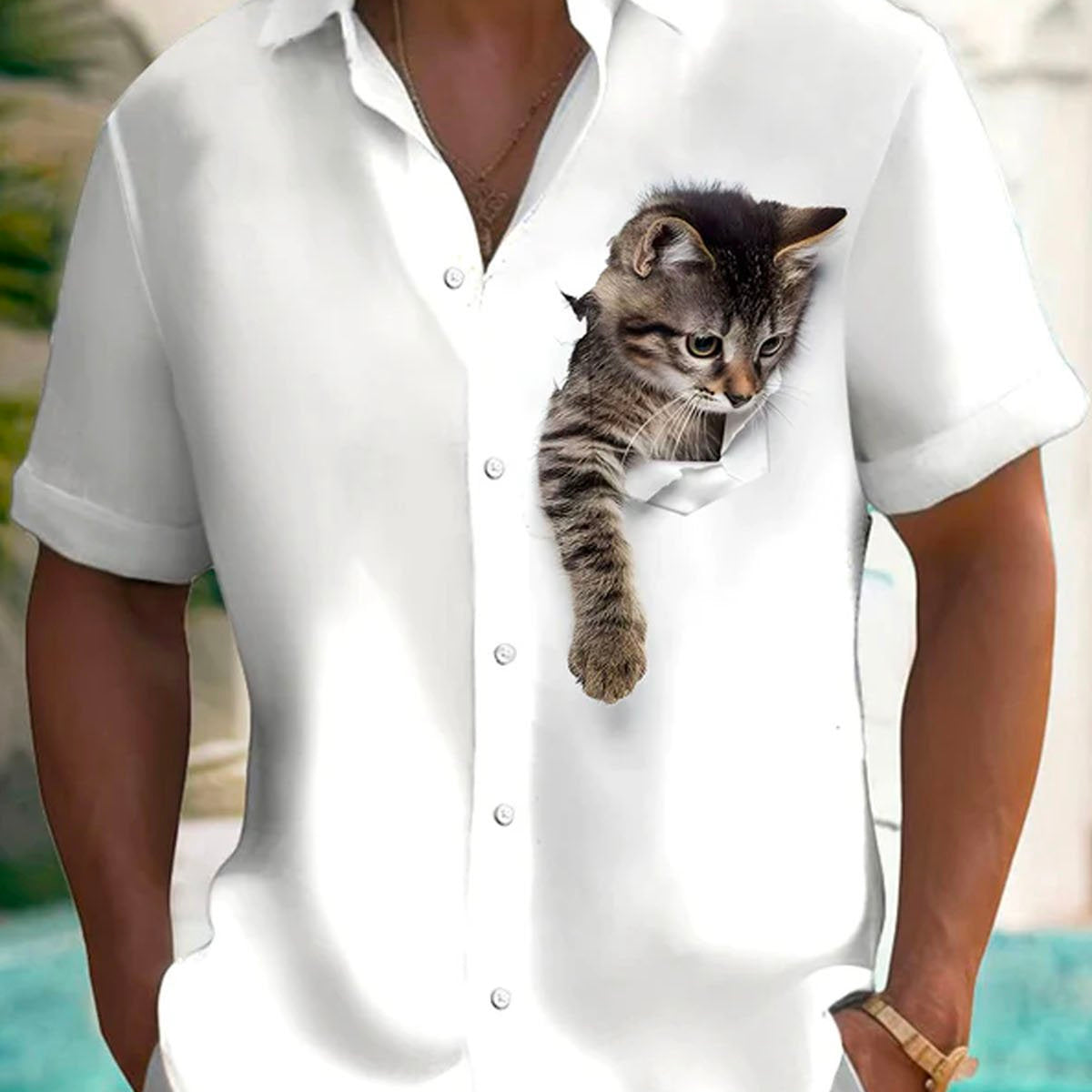 Alohadaddy® Retro Funny Cartoon Cat Print Men's Button Pocket Short Sleeve Shirt Big & Tall