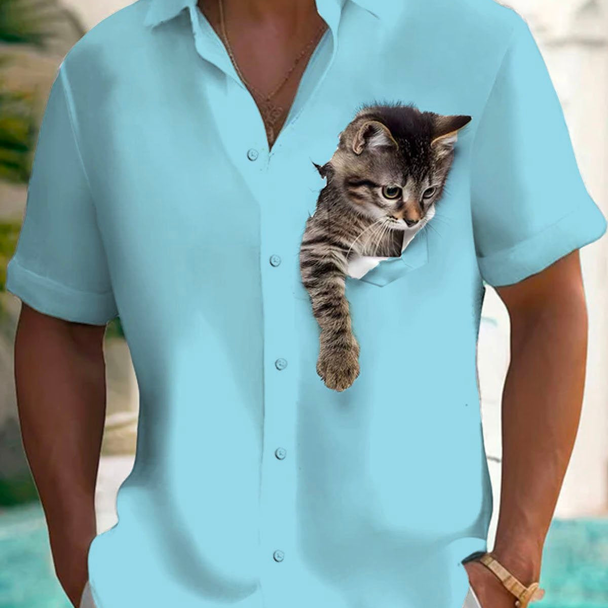 Alohadaddy® Retro Funny Cartoon Cat Print Men's Button Pocket Short Sleeve Shirt Big & Tall