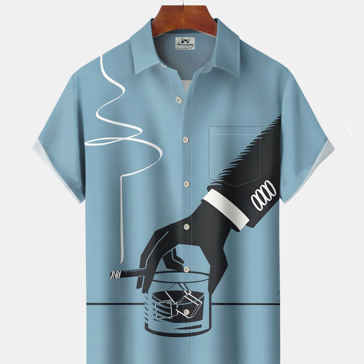 Alohadaddy® Men's Short-Sleeve Button-Down Cardigan Shirt Casual Style with Cigarette & Wine Glass Graphic Print and Pocket