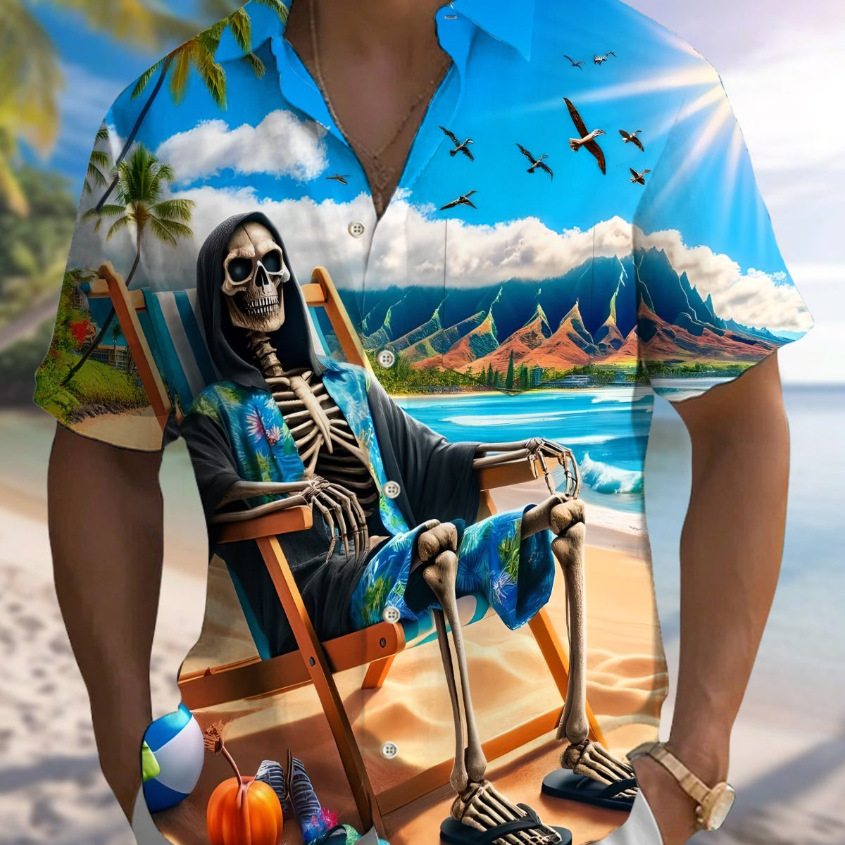 Alohadaddy® Hawaiian Skull Beach Vacation Print Art Button Pocket Cardigan Men's Short Sleeve Shirt