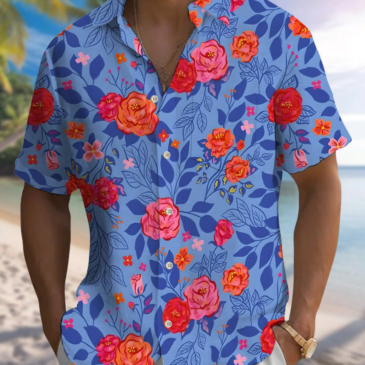 Alohadaddy® Men's Short-Sleeve Cardigan Shirt with Floral Art Print and Pocket