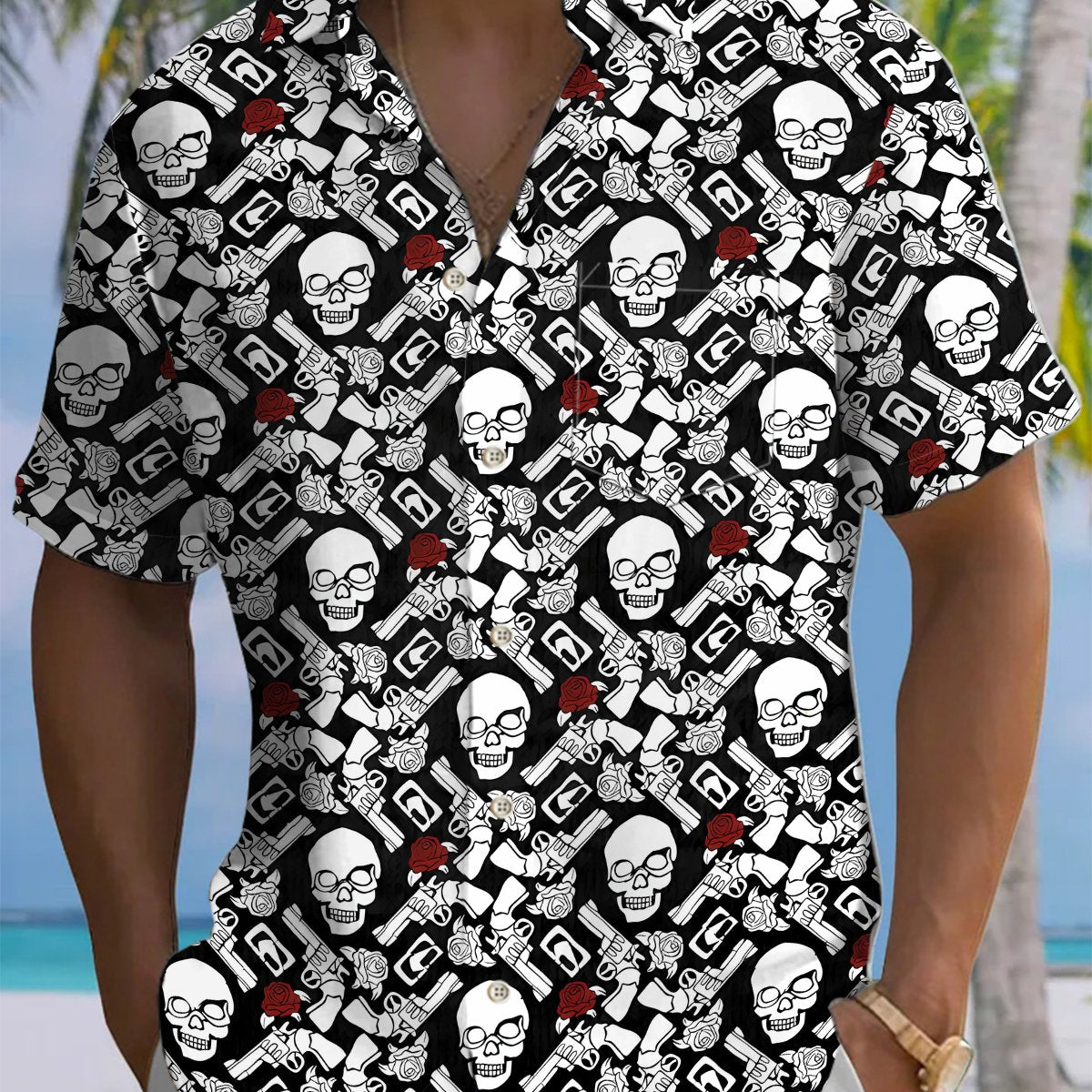 Alohadaddy® Casual Skull Art Print Chest Pocket Men's Short Sleeve Shirt Big & Tall