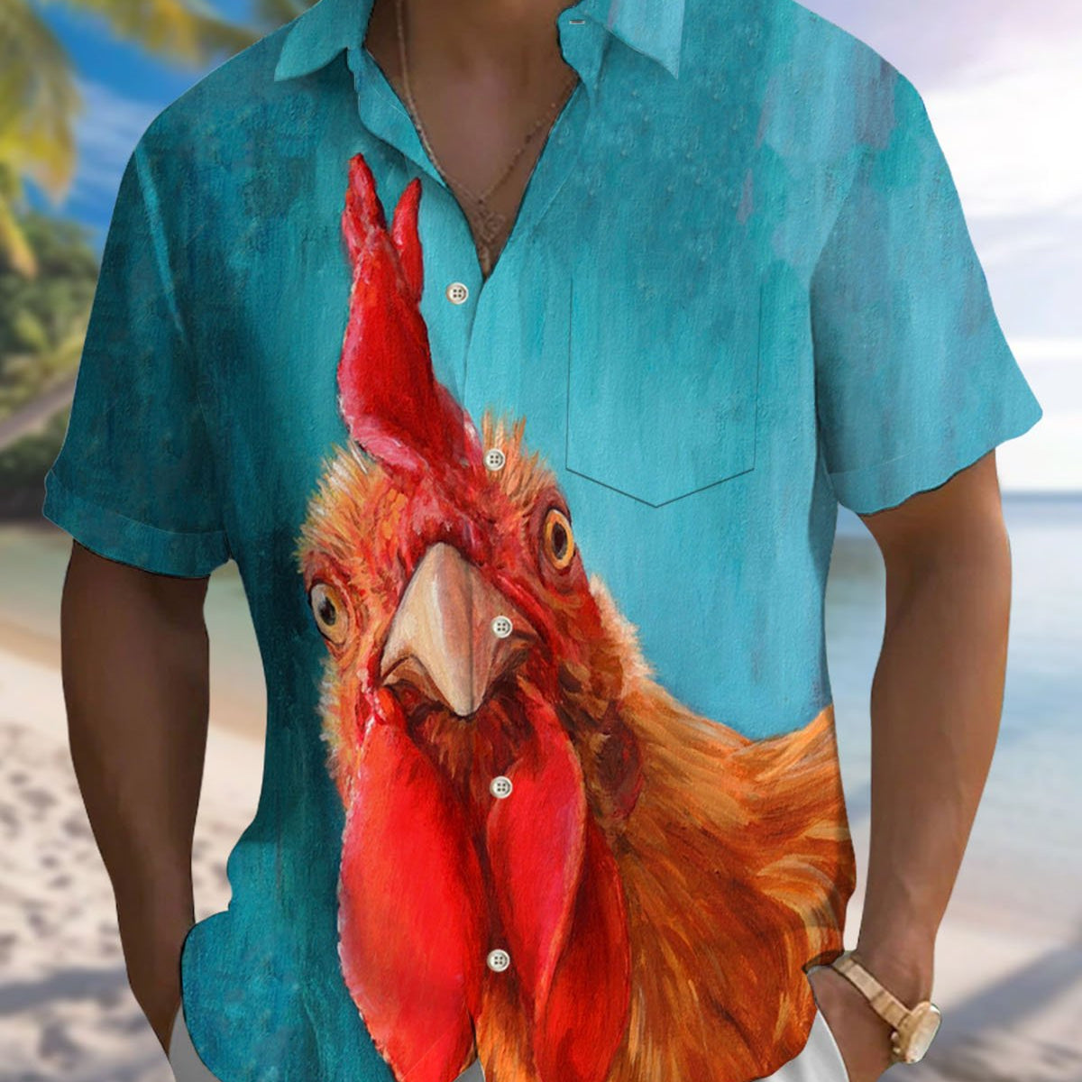Alohadaddy® Casual Oil Painting Rooster Print Art Pocket Button Men's Short Sleeve Shirt Big & Tall