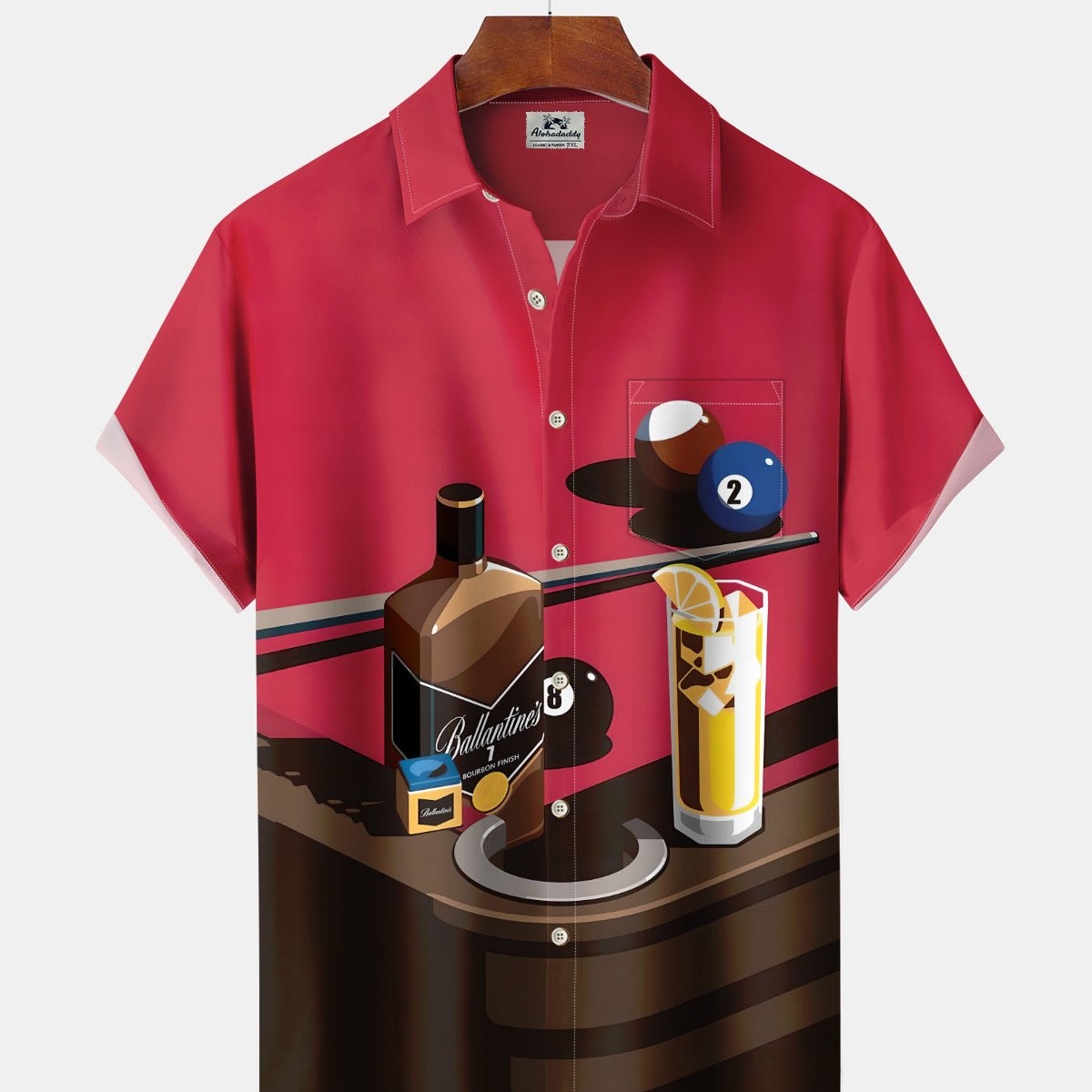 Alohadaddy® Men's Short-Sleeve Button-Down Cardigan Shirt Vintage Billiards & Cocktail Glass Print with Pocket