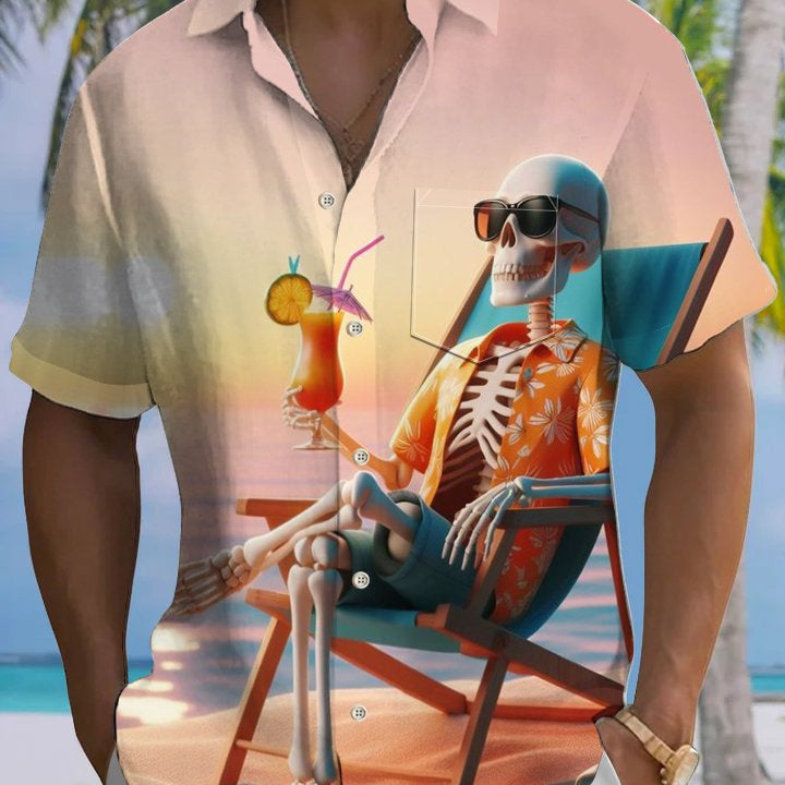Alohadaddy® Hawaiian Vacation Skull Art Print Chest Pocket Men's Stretch Short Sleeve Shirt Big & Tall