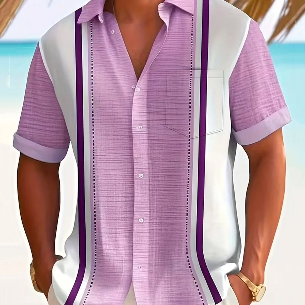 Alohadaddy® Men's Short-Sleeve Shirt Vintage Striped Vacation Print, Button-Down with Pocket