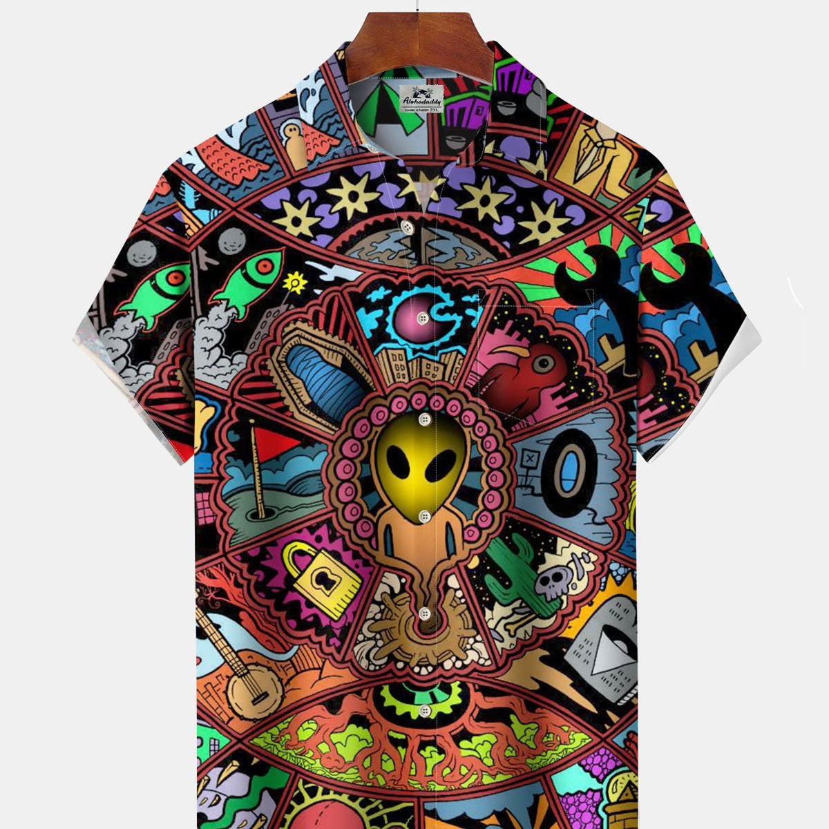 Alohadaddy® Casual Alien Print Art Stretch Pocket Button Men's Short Sleeve Shirt Big & Tall
