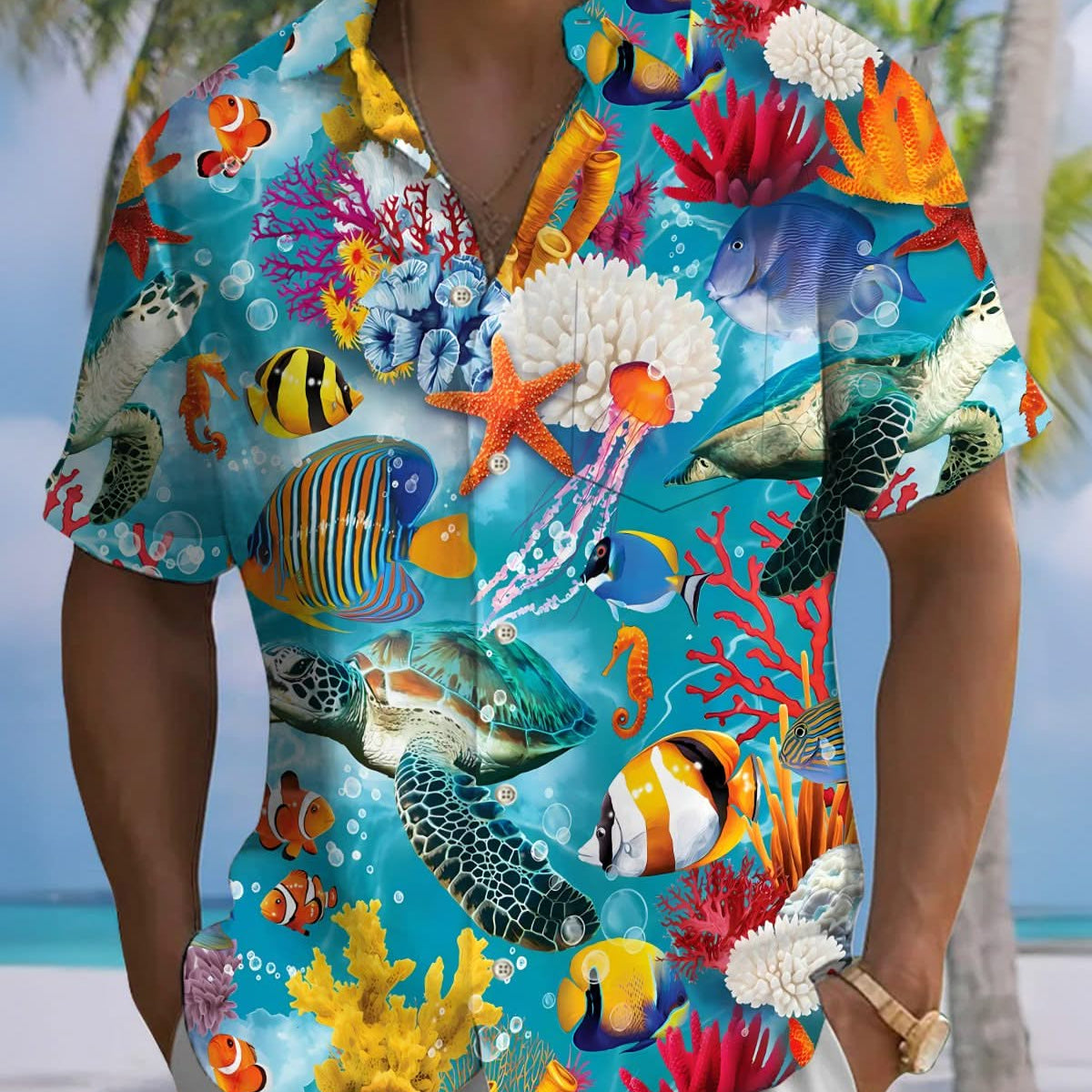 Alohadaddy® Casual Underwater World Fish Print Art Pocket Button Stretch Men's Short Sleeve Shirt Big & Tall
